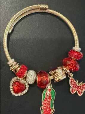 Red Crystal Charm Bracelet with Religious and Butterfly Pendants